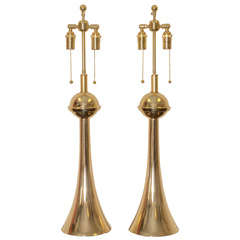 Pair Of Large Brass Trumpet Shaped Lamps