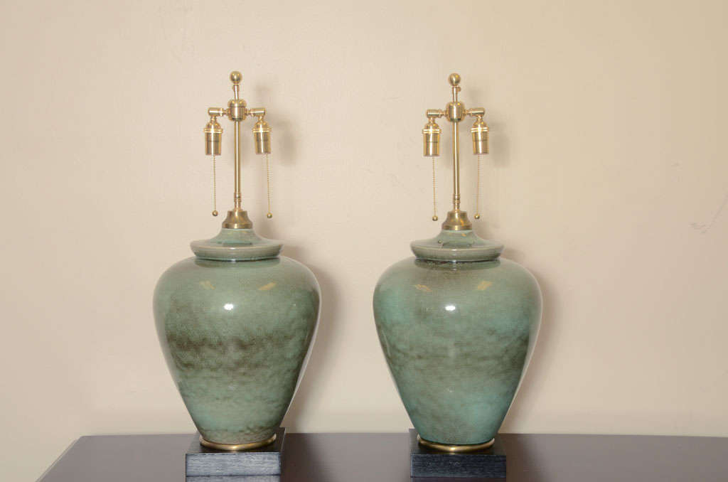 Pair Of Large Moss Green Urn Lamps