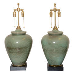 Vintage Pair Of Large Moss Green Urn Lamps