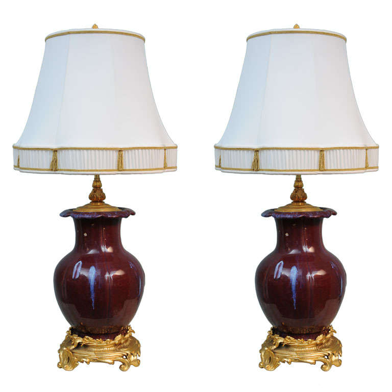 Pair of 19th Century Ox Blood Flambe Chinese Lamps For Sale