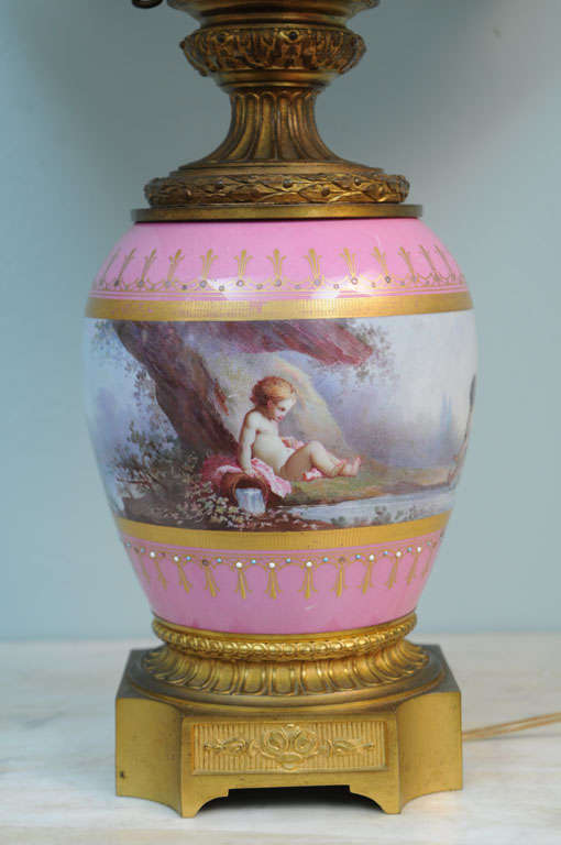 Pair of Pink Sevres Porcelain Lamps with Cupids, circa 1850 For Sale 2