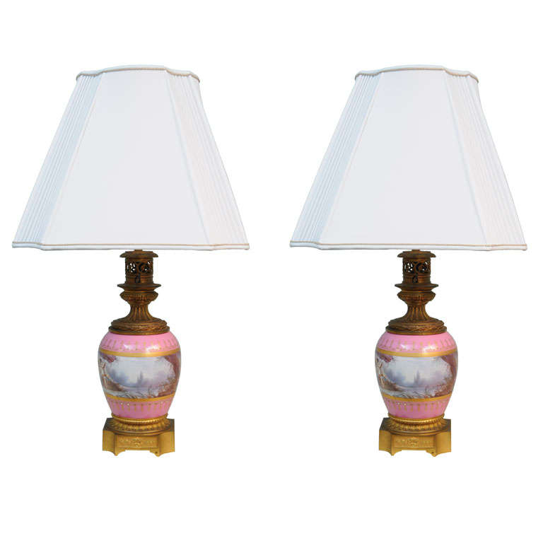 Pair of Pink Sevres Porcelain Lamps with Cupids, circa 1850 For Sale