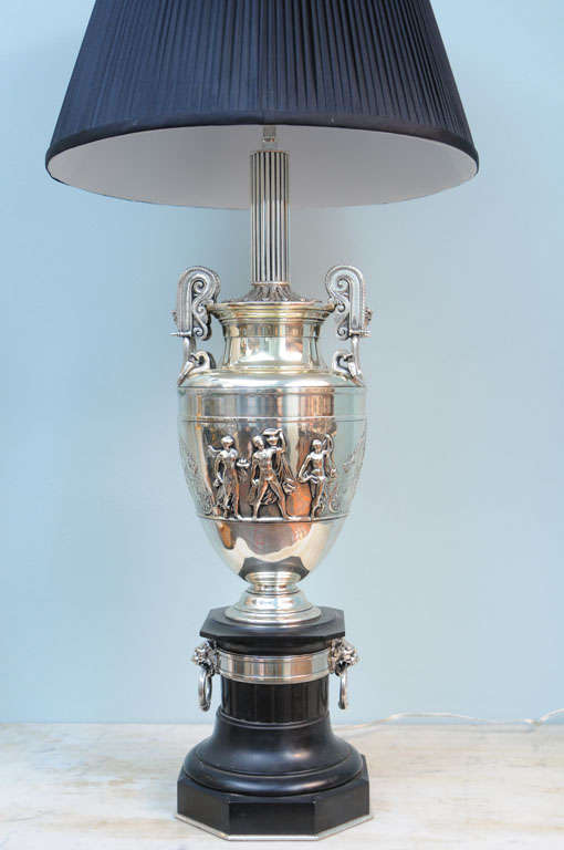 Classical Roman Impressive and Beautiful Pair of Silver Gilded Bronze Lamps For Sale