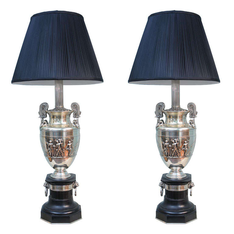 Impressive and Beautiful Pair of Silver Gilded Bronze Lamps For Sale