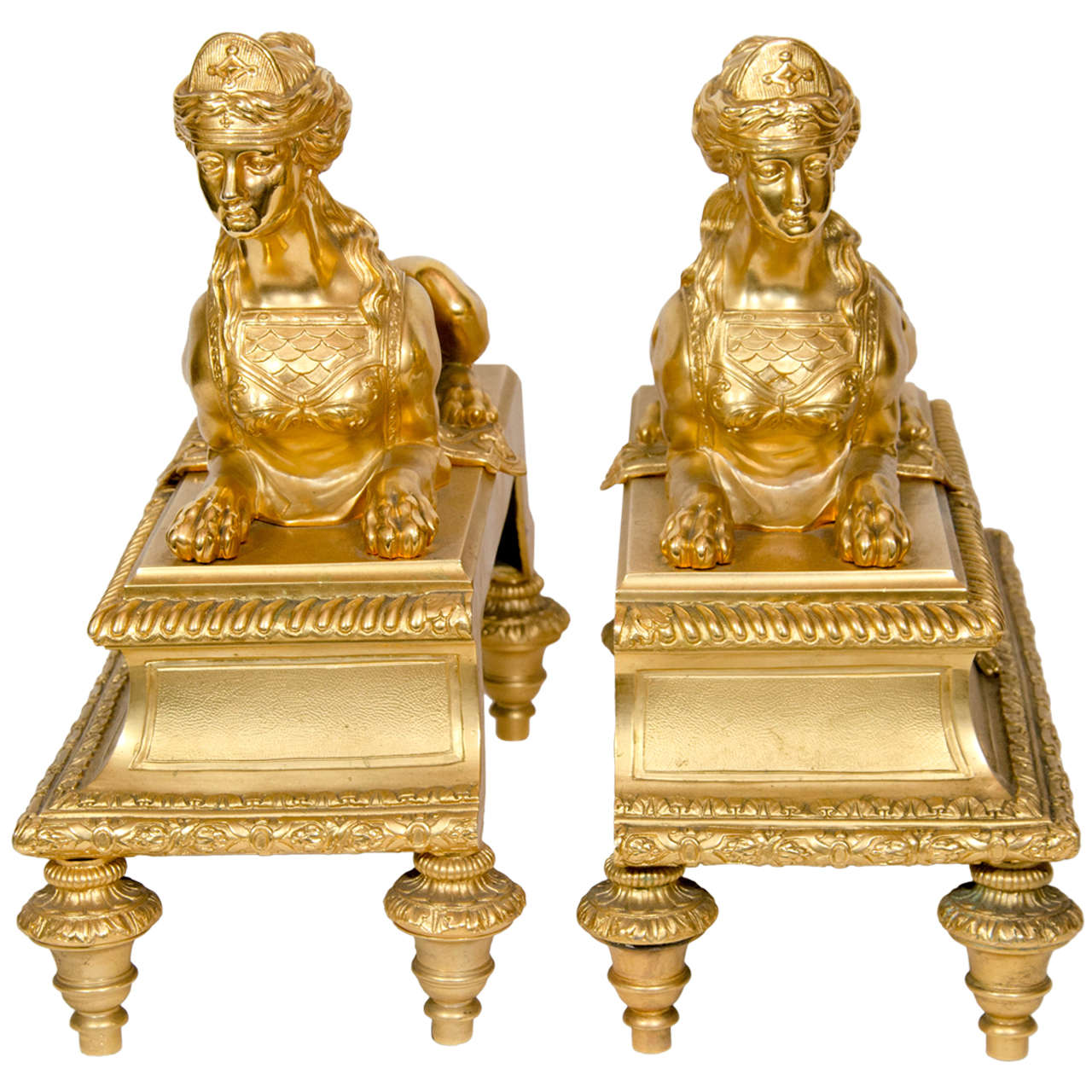 Pair of Rare & Large Antique French Louis XVI Gilt Bronze Figural Andirons, 19th Century For Sale