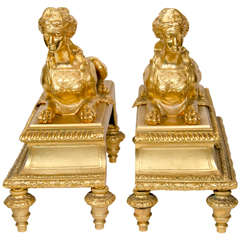 Pair of Antique French Louis XVI Style Gilt Bronze Figural Chenets