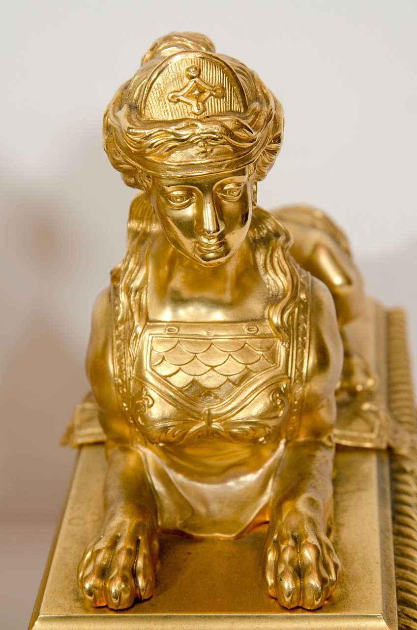 Pair of Antique French Louis XVI Style Gilt Bronze Figural Chenets In Good Condition In New York, NY