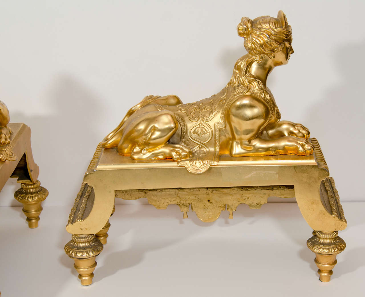 Pair of Antique French Louis XVI Style Gilt Bronze Figural Chenets 1