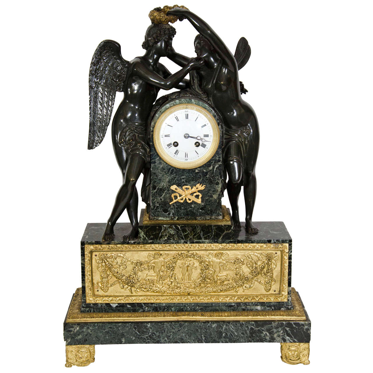Grande horloge figurative française ancienne de style Empire en bronze et marbre