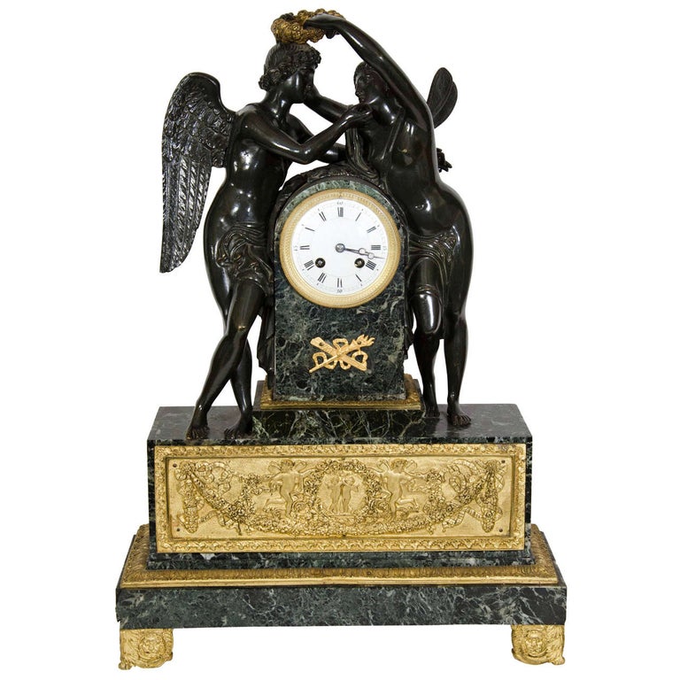 Large Antique French Empire Style Bronze and Marble Figural Clock For Sale