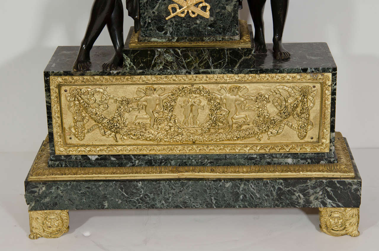 Large Antique French Empire Style Bronze and Marble Figural Clock In Good Condition For Sale In New York, NY