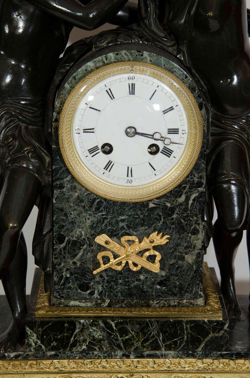 Large Antique French Empire Style Bronze and Marble Figural Clock For Sale 1