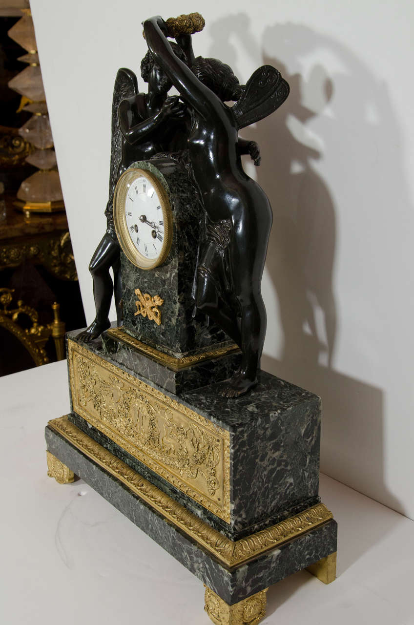Large Antique French Empire Style Bronze and Marble Figural Clock For Sale 2