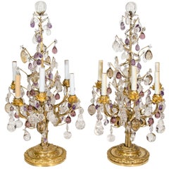 Pair of Superb Antique Louis XVI Style Bagues Gilt Bronze and Rock Crystal Lamps