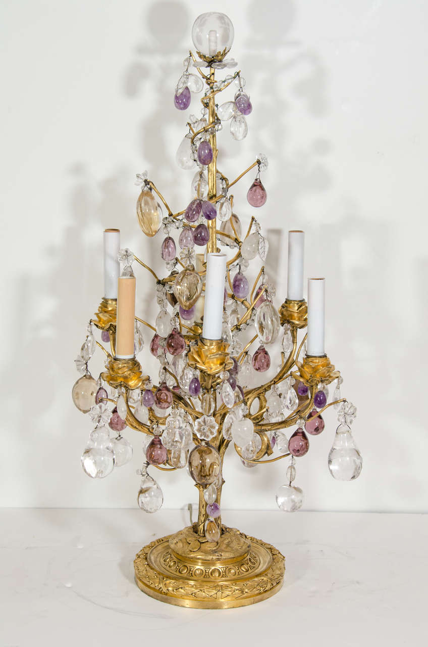Paire de superbes lampes anciennes en bronze doré et cristal de roche de style Louis XVI Bagues en vente 1