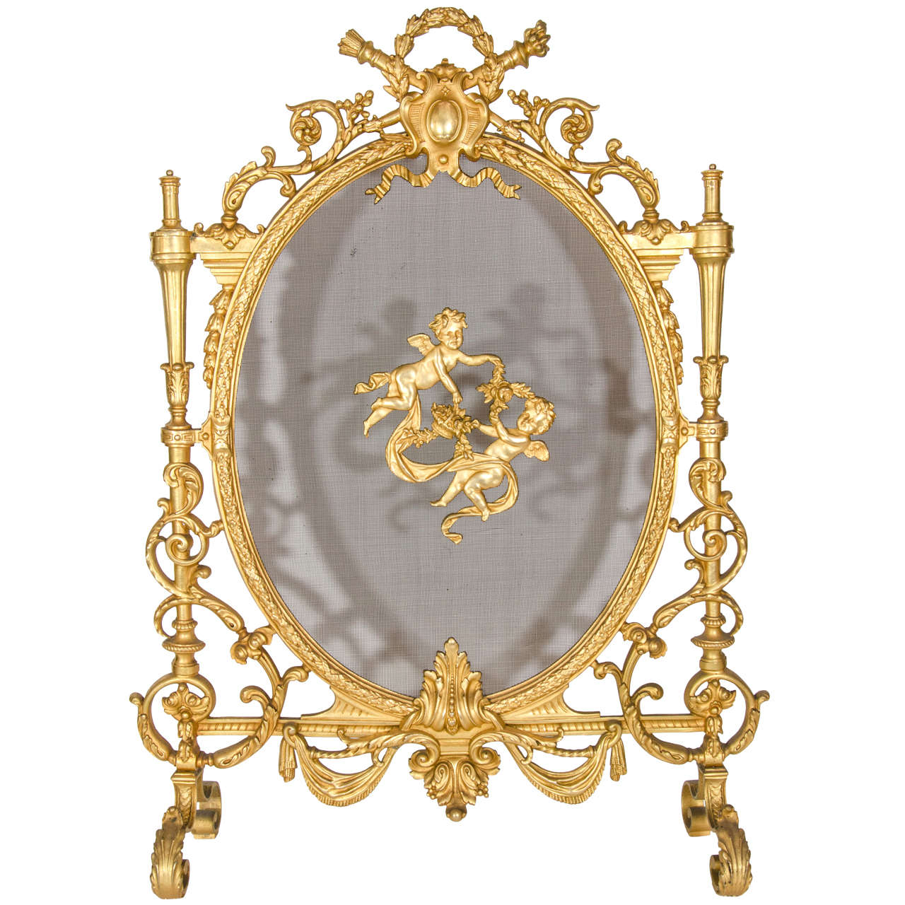 Antique French Louis XVI Gilt Bronze Figural Fire Screen 19th Century For Sale