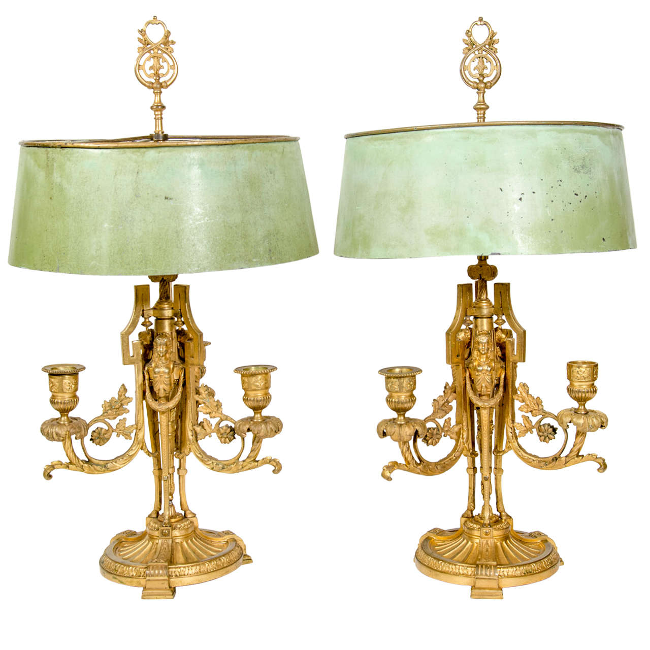 Pair Antique French Louis XVI Gilt Bronze Bouillotte Lamps, 19th Century For Sale