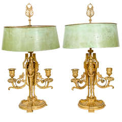 Pair Antique French Louis XVI Gilt Bronze Bouillotte Lamps, 19th Century