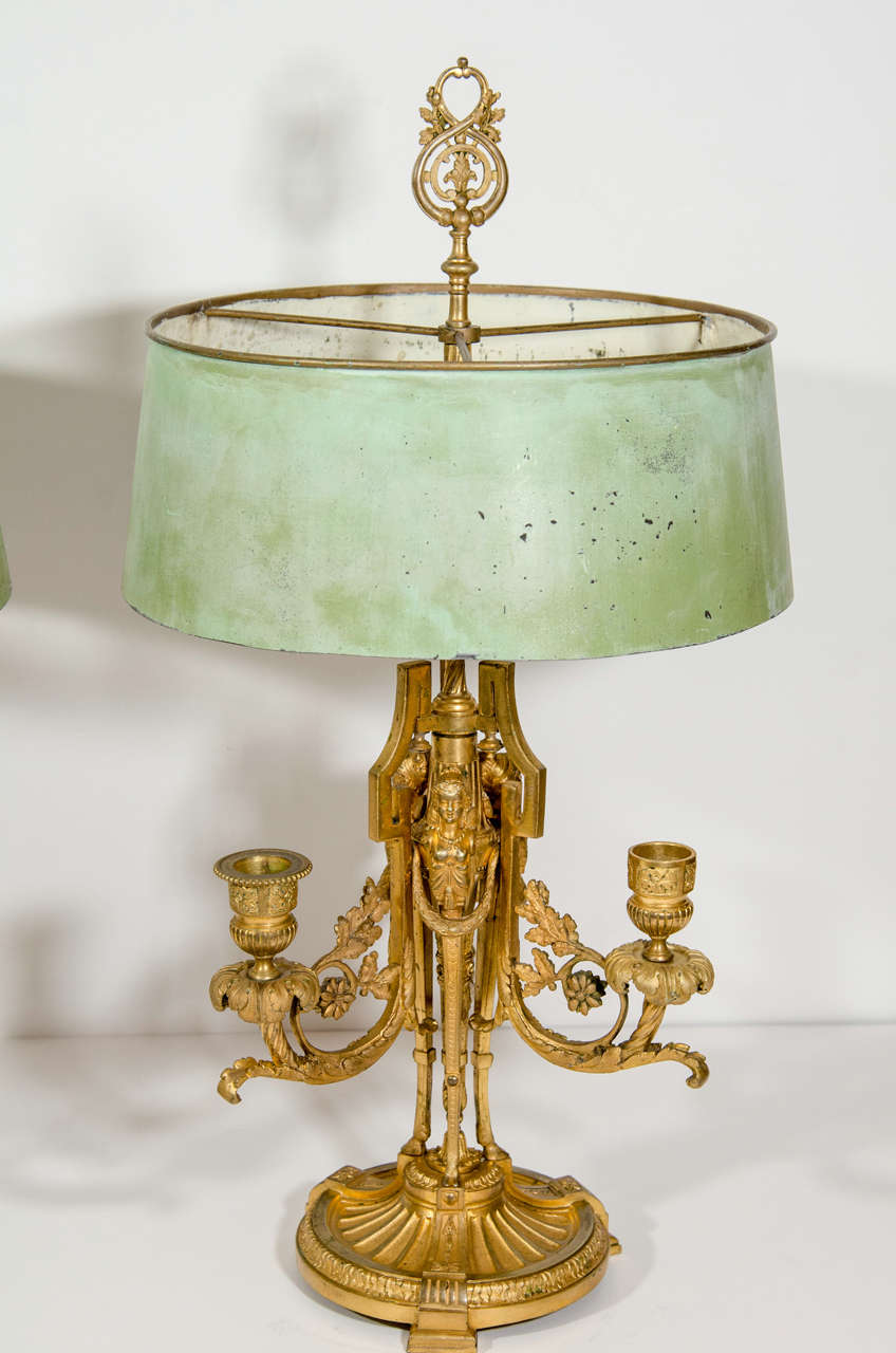 Louis XIV Pair Antique French Louis XVI Gilt Bronze Bouillotte Lamps, 19th Century For Sale