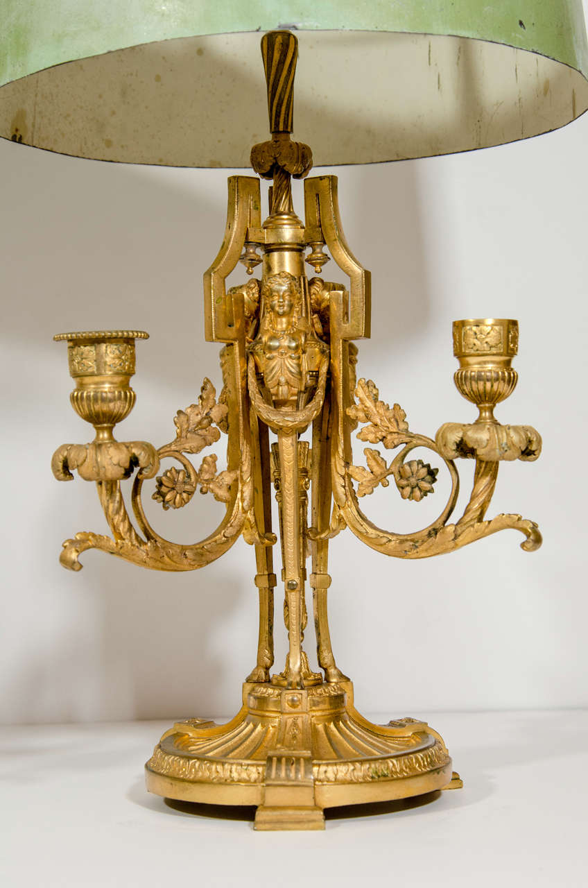 20th Century Pair Antique French Louis XVI Gilt Bronze Bouillotte Lamps, 19th Century For Sale