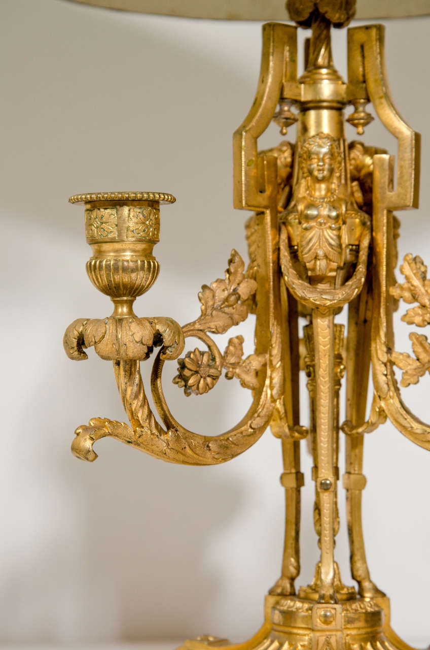 Ormolu Pair Antique French Louis XVI Gilt Bronze Bouillotte Lamps, 19th Century For Sale