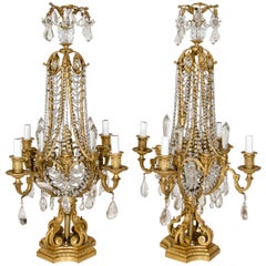 Pair of Antique French Louis XVI Style Gilt Bronze and Crystal Candelabra Lamps