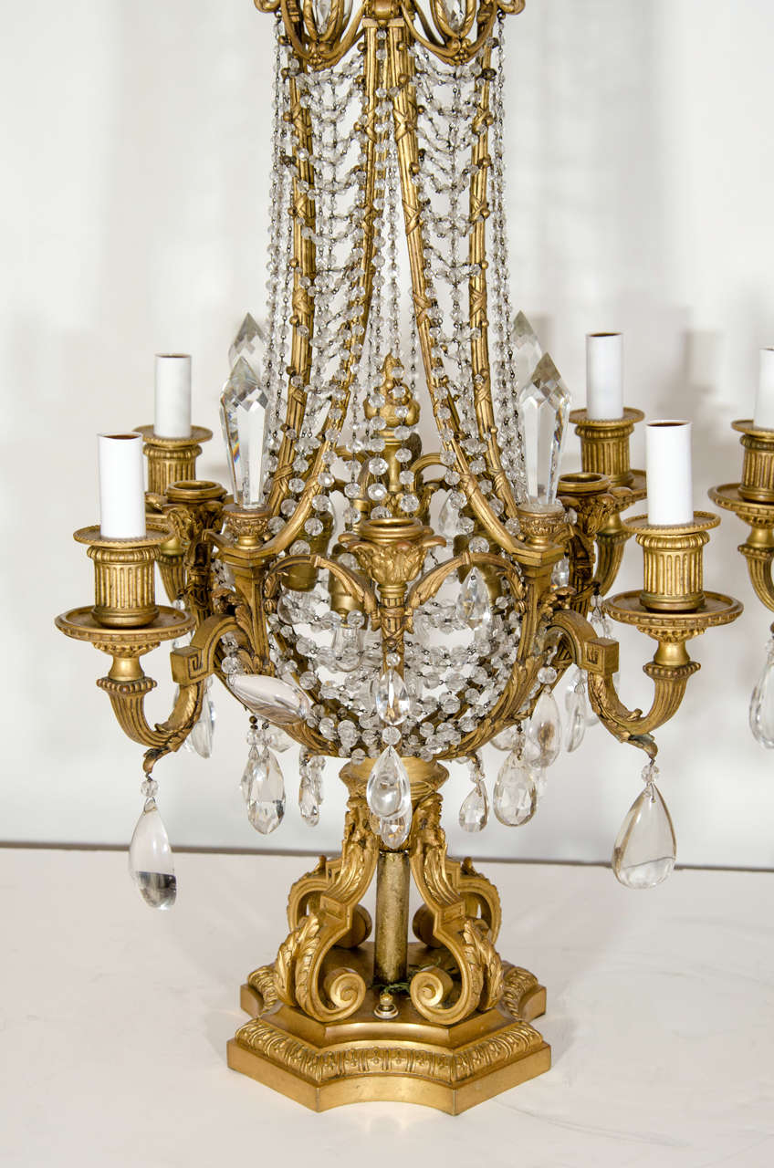 Louis XIV Pair French Louis XVI Gilt Rbonze & Crystal Baccarat Candelabras, 19th Century For Sale