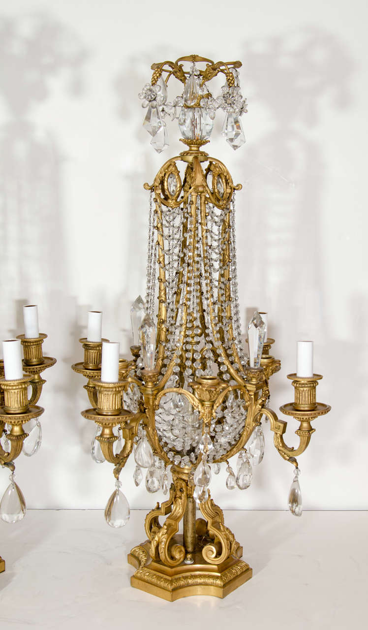 20th Century Pair French Louis XVI Gilt Rbonze & Crystal Baccarat Candelabras, 19th Century For Sale
