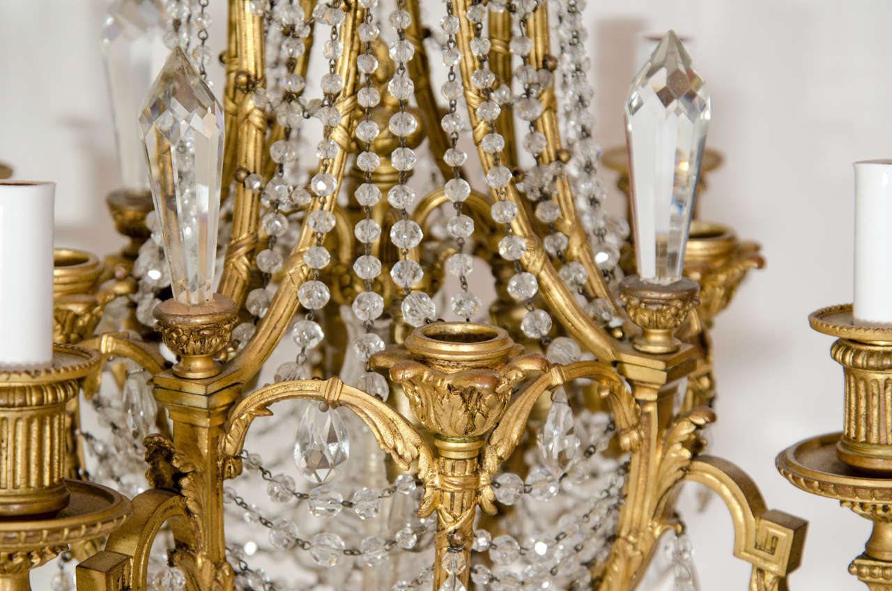 Pair of Antique French Louis XVI Style Gilt Bronze and Crystal Candelabra Lamps 1