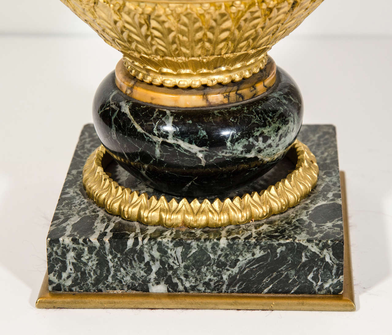 Pair of Antique French Empire Style Gilt Bronze and Green Marble Military Urns For Sale 2
