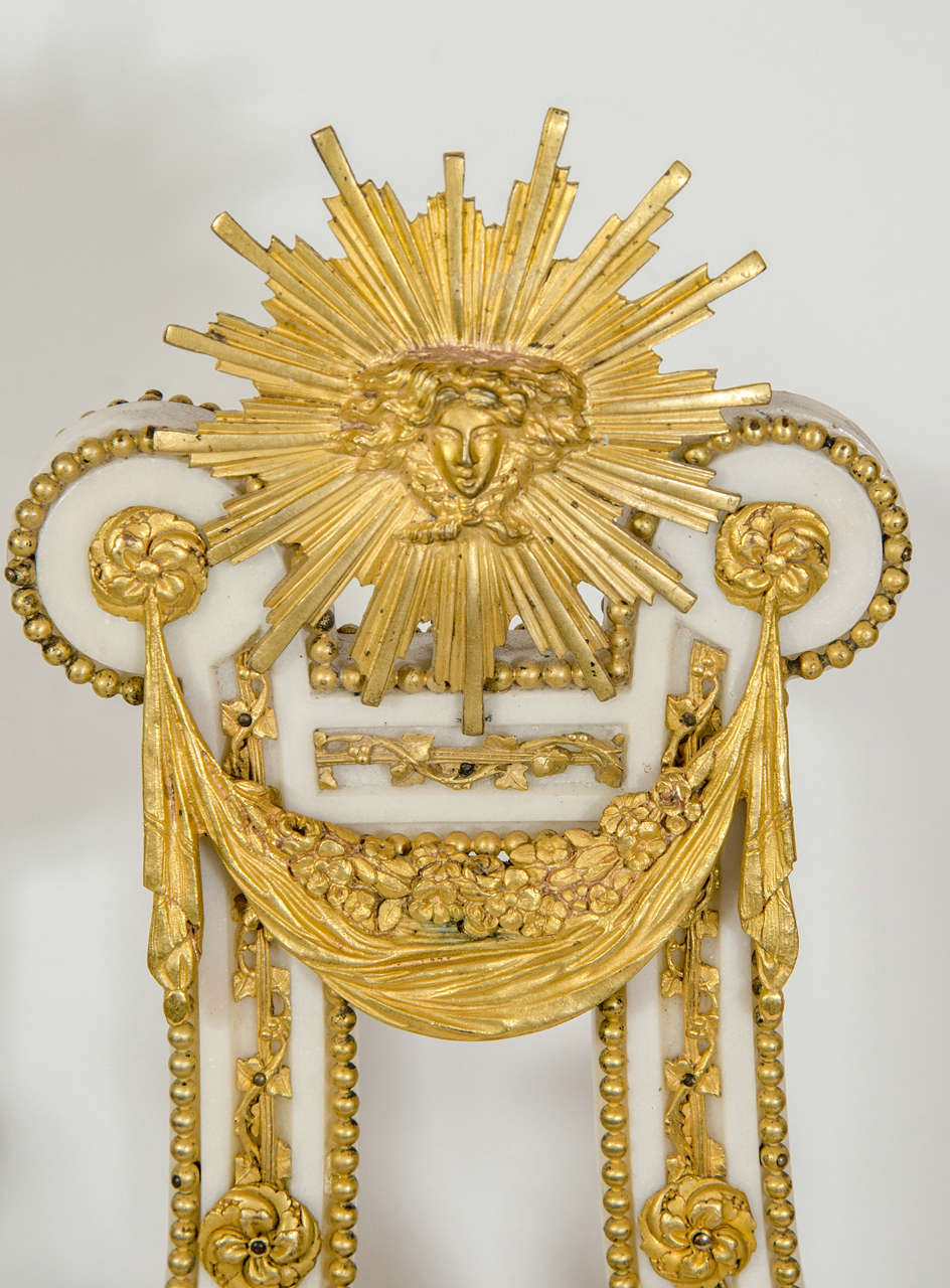 19th Century Antique French Louis XVI Style Gilt Bronze and White Marble Lyre Form Clock Set For Sale