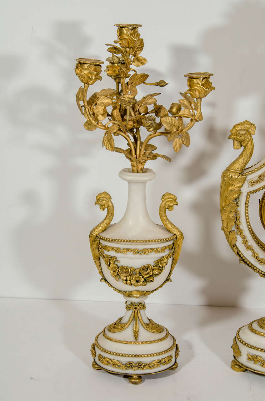 Antique French Louis XVI Style Gilt Bronze and White Marble Lyre Form Clock Set For Sale 1