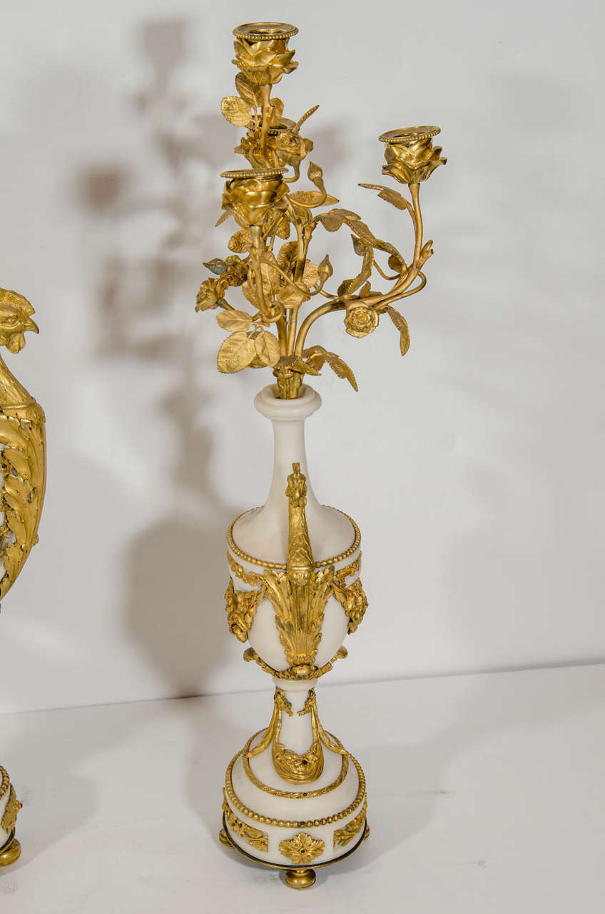 Antique French Louis XVI Style Gilt Bronze and White Marble Lyre Form Clock Set For Sale 3