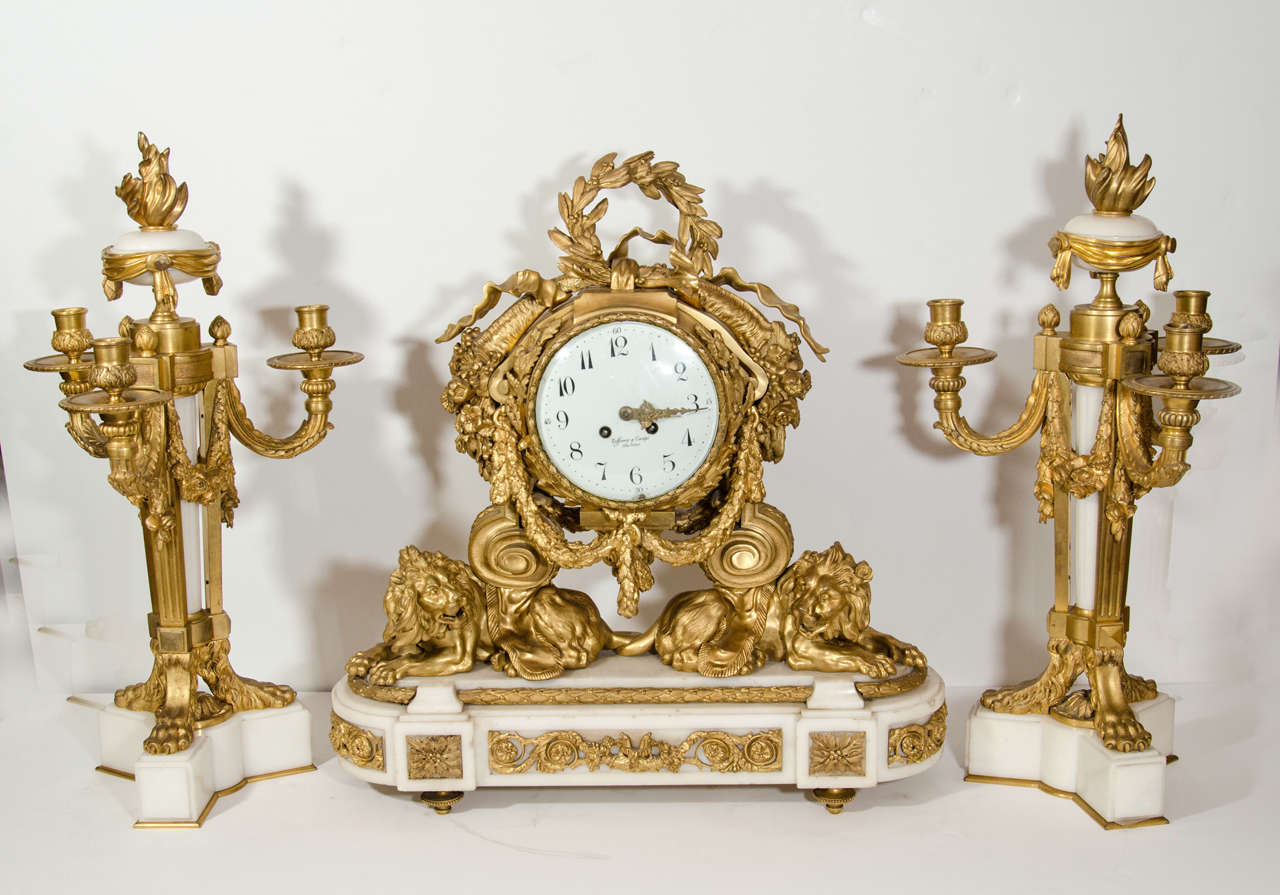 Superb Antique French Louis XVI Tiffany Clock Set, 19th Century