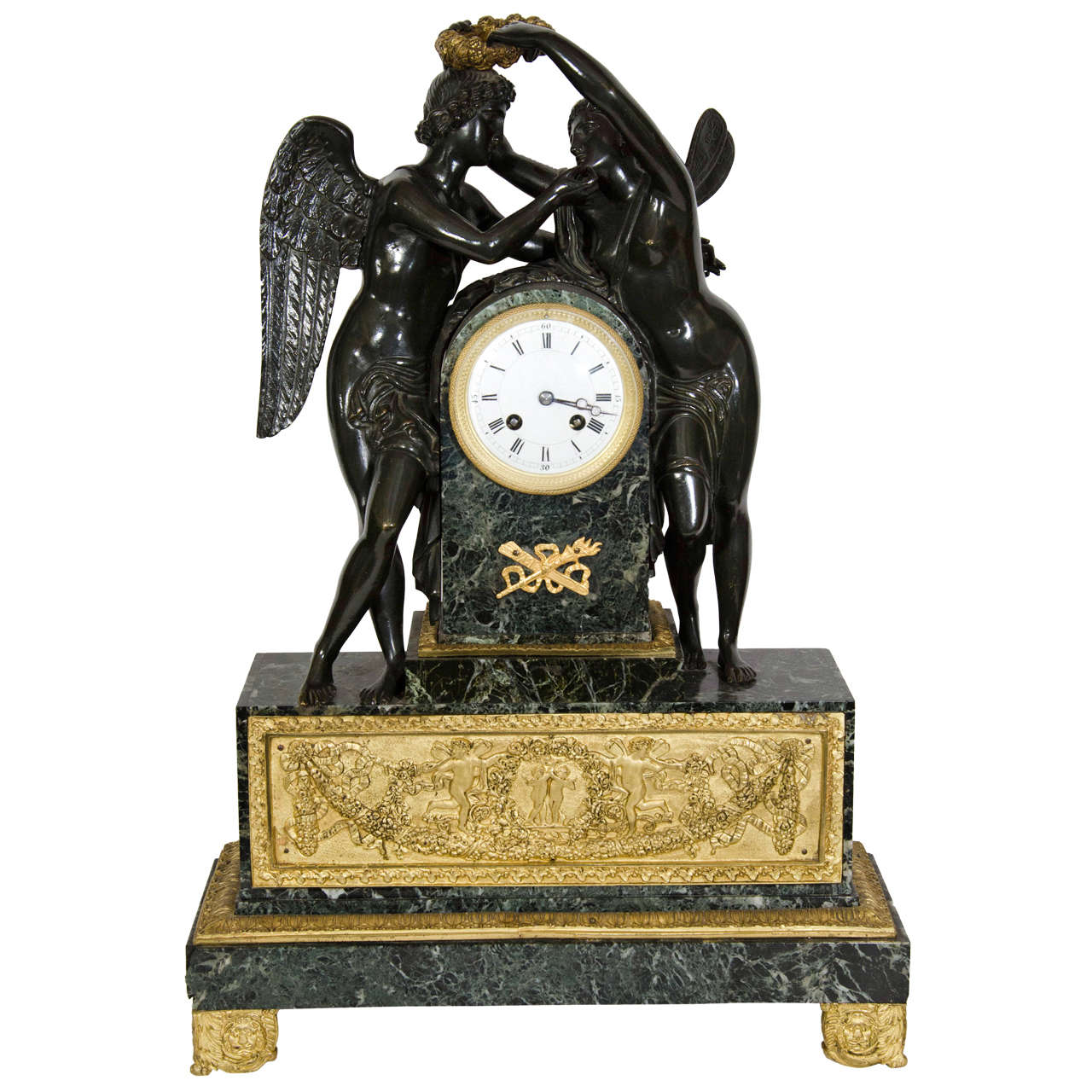 Large Antique French Empire Style Bronze and Marble Figural Clock For