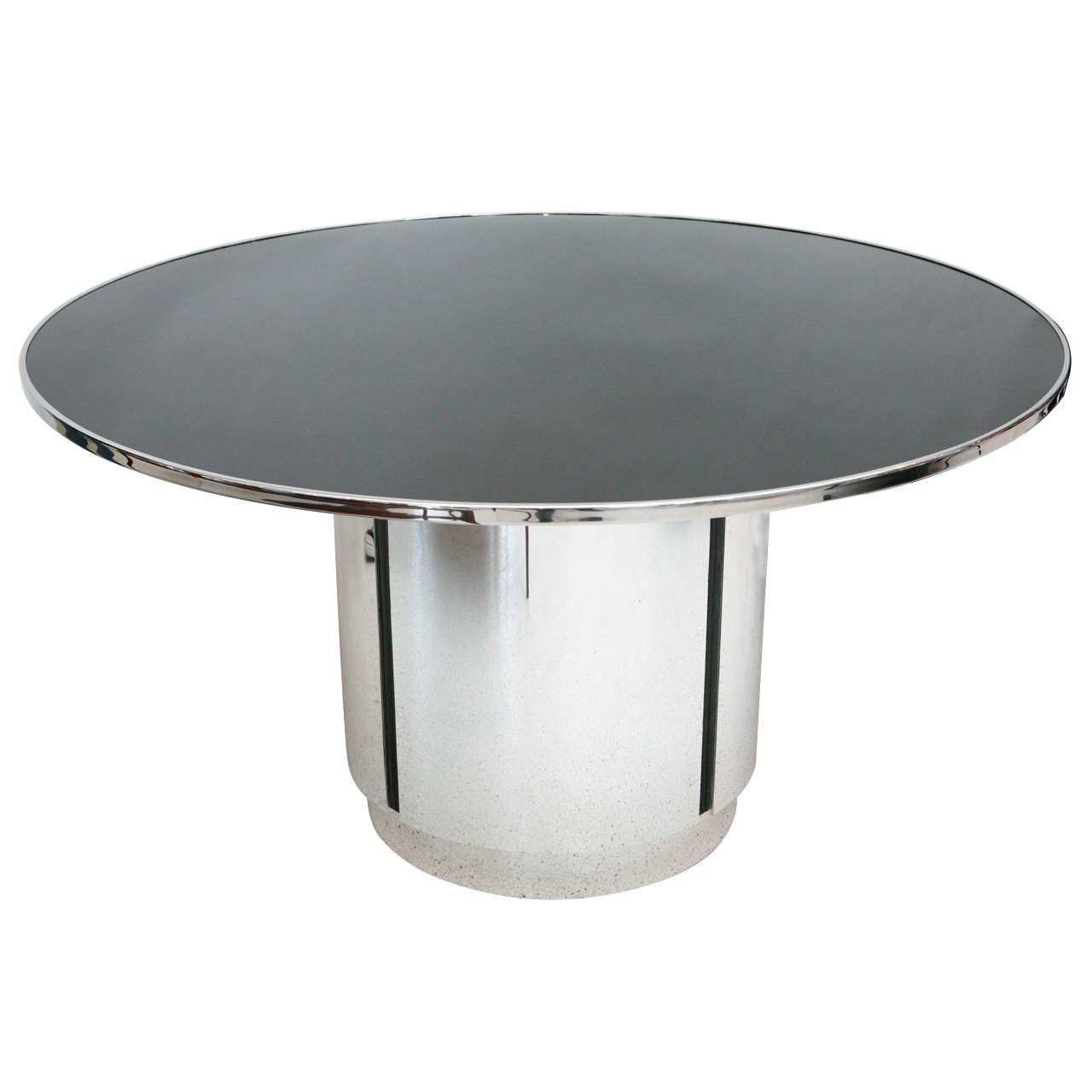 Round Black Glass and Chrome Pedestal Table