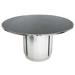 Round Black Glass and Chrome Pedestal Table