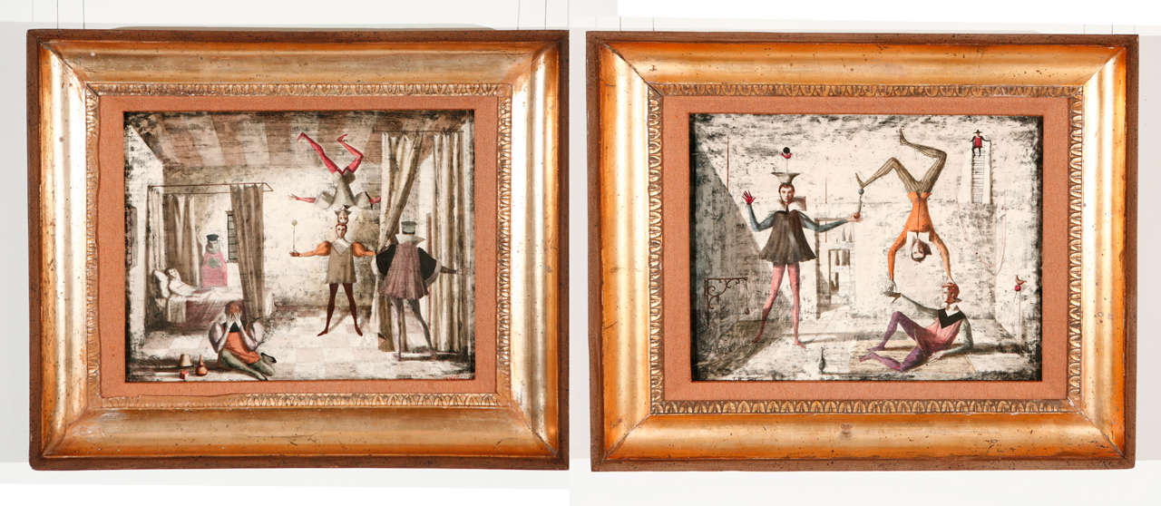 A fanciful pair of surrealist paintings by Giorgio Perfetti in their original custom gilt wood frames with a linen liner. The paintings are primarily done in grisaille with accents of color and are signed and dated by the artist. Dimensions given