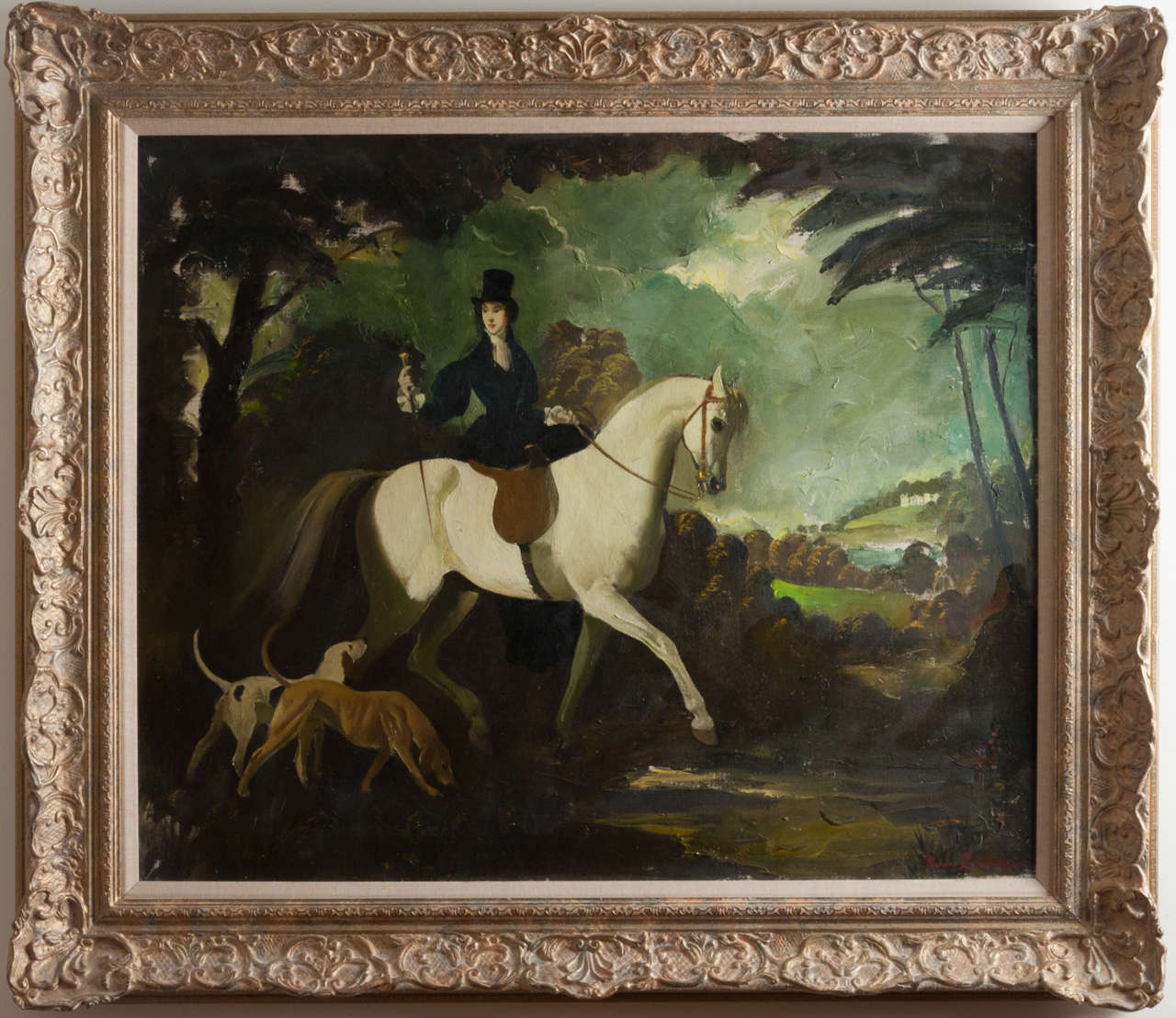 Doris Clare Zinkeisen (1898-1991)
Lady riding in Woods with Fox-hounds.
Signed.
Oil on Canvas.
Framed
62.5 x 75cms