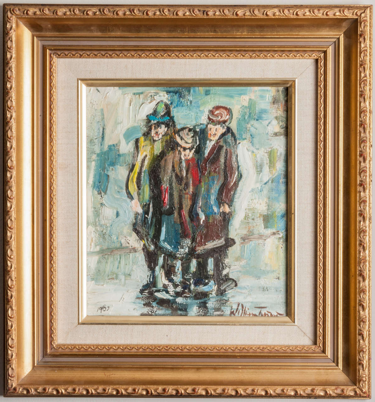 William Turner (Born Chorlton –on-Medlock 1920)
"Three Singers".
Signed and dated 1983.
Signed and inscribed verso and label verso.
Oil on Board.
Framed
21cms x 18.5cms
William Ralph Turner was born in Chorlton-on –Medlock in
