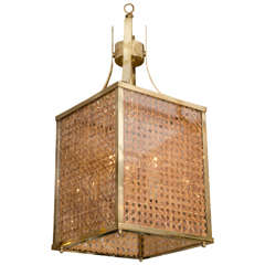 Brass, Glass And Rattan Lantern Form Ceiling Fixture