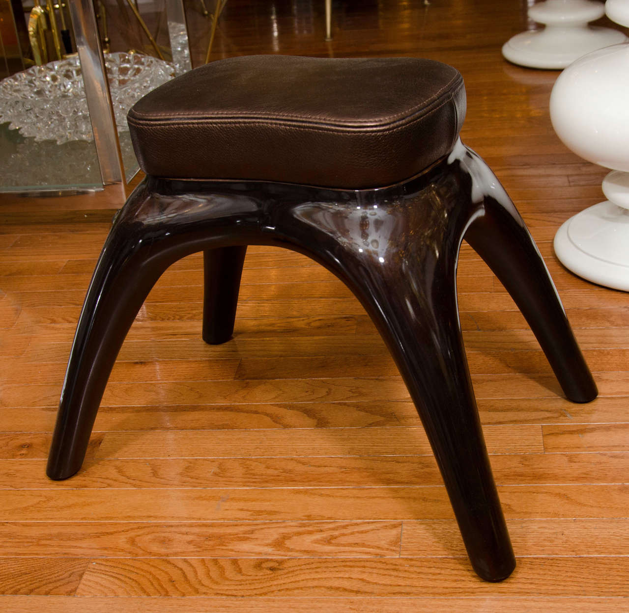Pair of petite, lacquered wood benches with splayed legs.

View our complete collection at www.johnsalibello.com