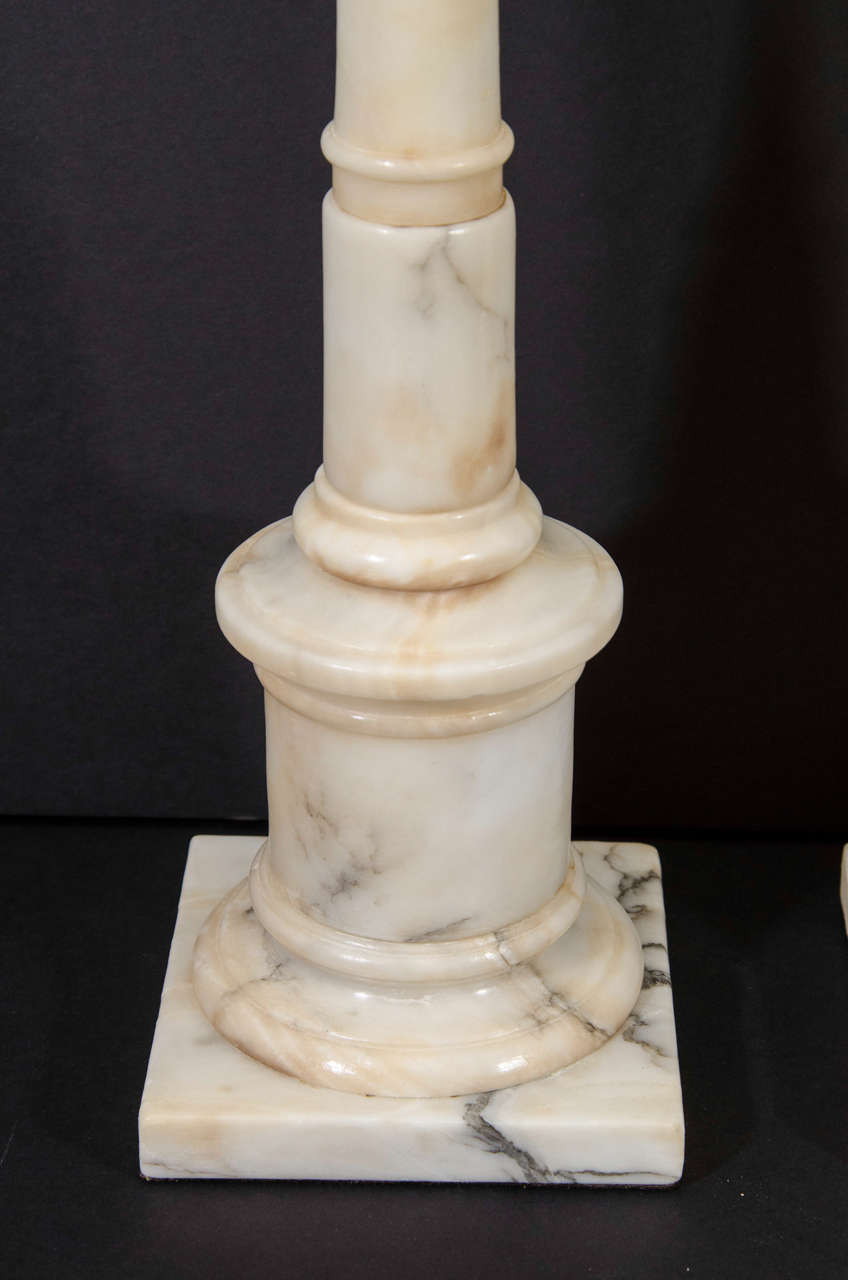 Classical Style Carved Alabaster Column Lamps In Excellent Condition For Sale In New York, NY