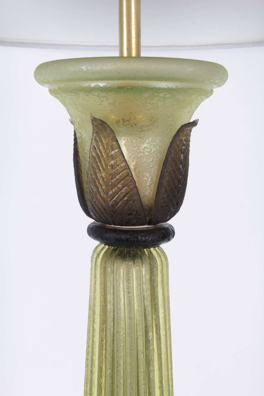 Mid-Century Modern Pair of Celery Green Glass Lamps by Seguso