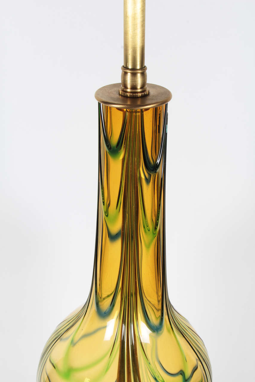Brass Seguso Mid Century Acid Green Murano Glass Lamps