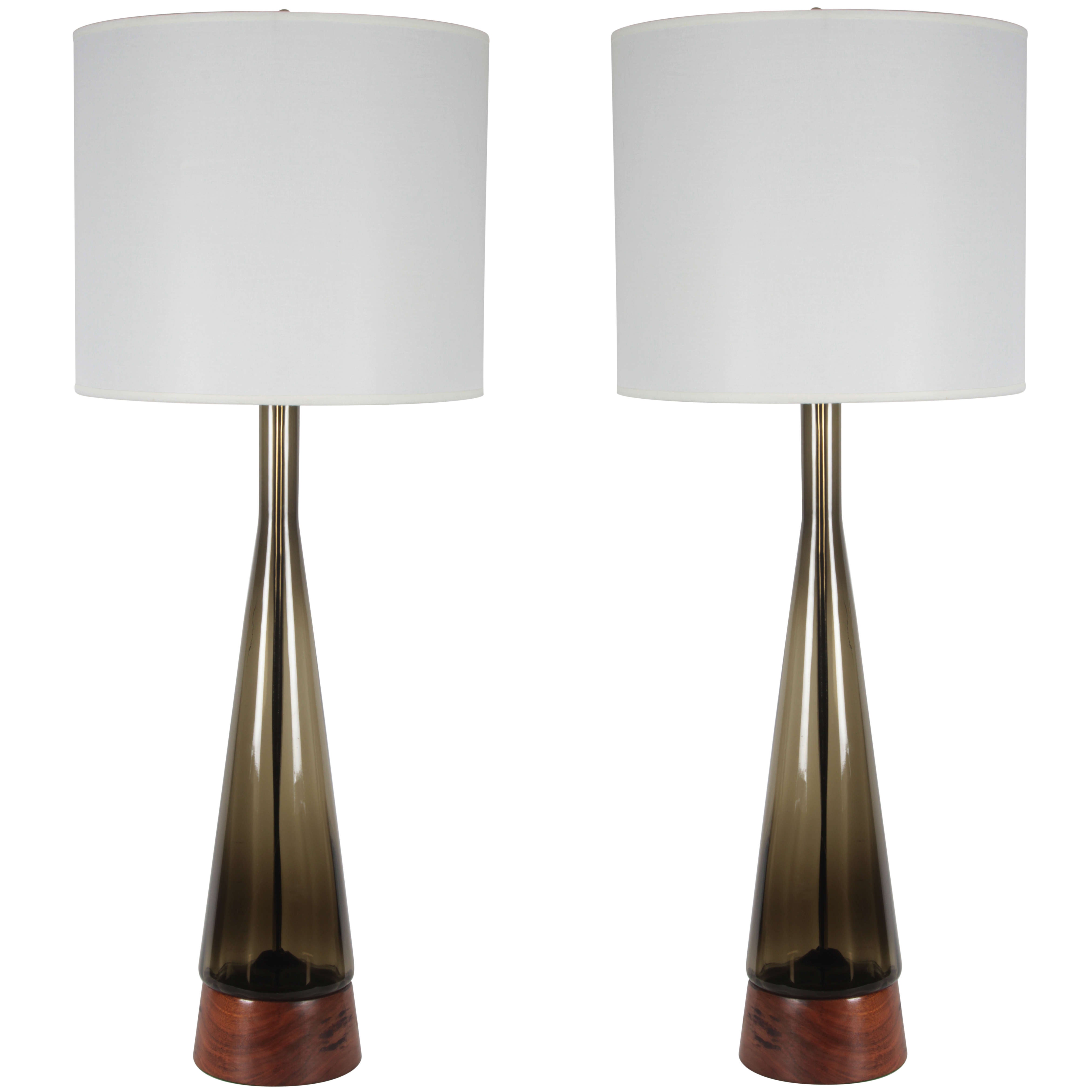 Pair of Danish Modern Smoked Glass Lamps