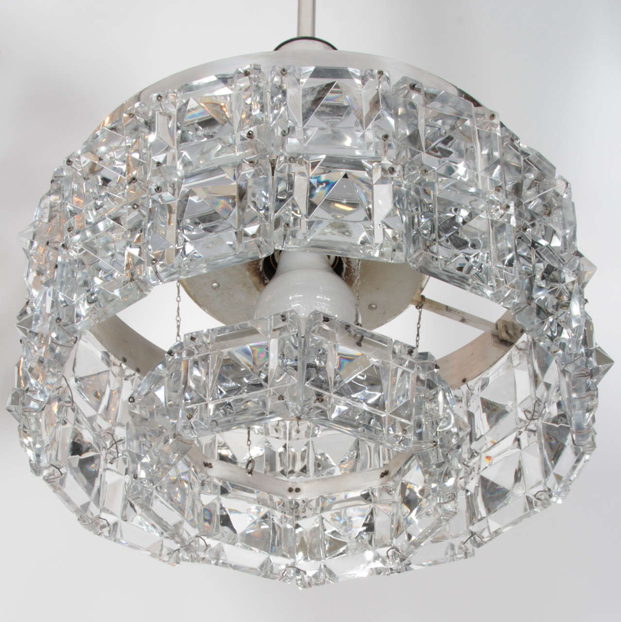  Austrian Art Deco drum chandelier composed of three rows of deep faceted square crystal prisms on a lacquered sterling frame. Crystal body measures 8.5 inches tall. Stem is adjustable to become 28
