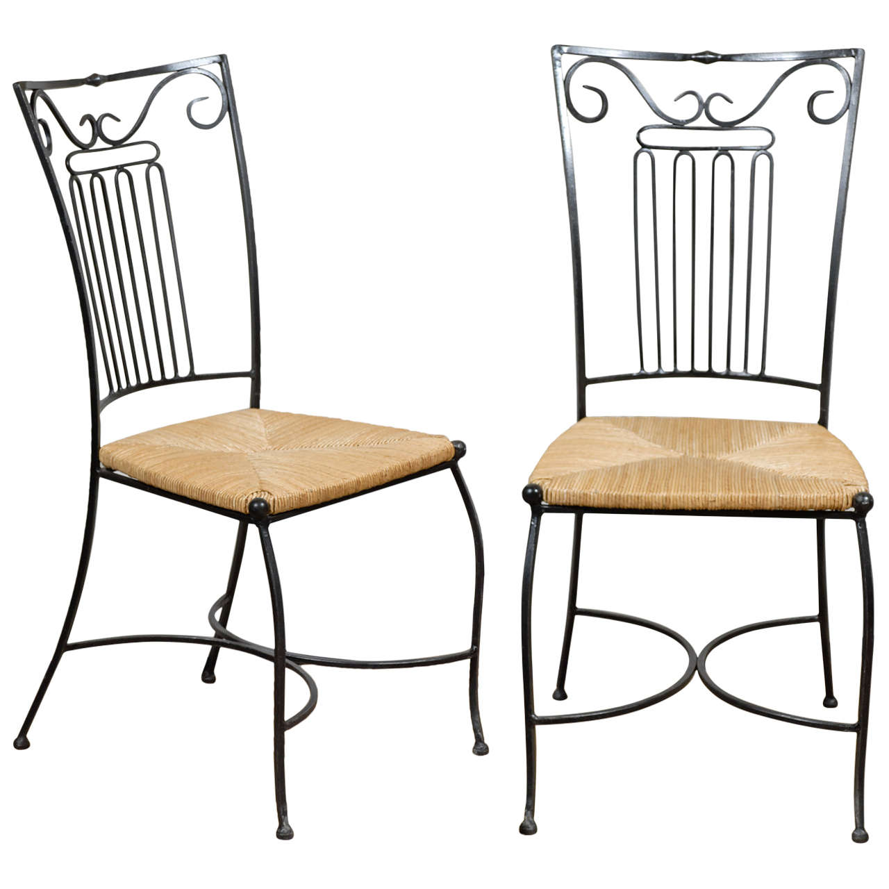 Pair of Iron Chairs with Rush Seats For Sale