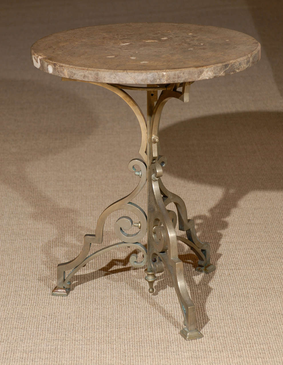 Portuguese style gueridon with marble top in silver bronze, circa 1940.