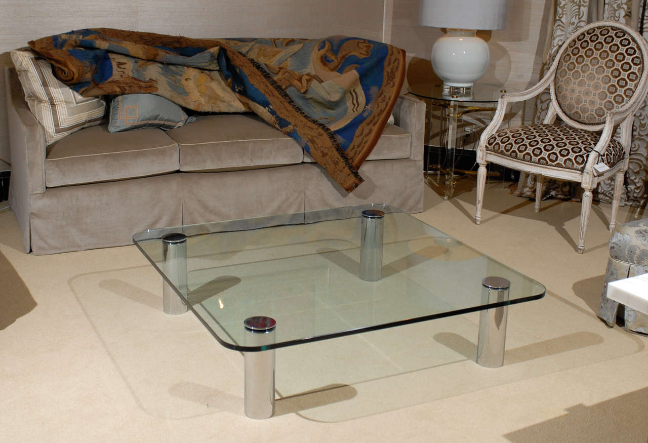 Great vintage glass and chrome coffee table by Pace. Excellent Vintage Condition.TOM ROBINSON MODERN at TRAVIS & COMPANY